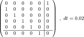 $$
\left(\begin{array}{rllrllrllrllrll|rll}
0\phantom{.}&\hspace{-1em}&\hspace{-1em}\phantom{\cdot}&0\phantom{.}&\hspace{-1em}&\hspace{-1em}\phantom{\cdot}&0\phantom{.}&\hspace{-1em}&\hspace{-1em}\phantom{\cdot}&0\phantom{.}&\hspace{-1em}&\hspace{-1em}\phantom{\cdot}&0\phantom{.}&\hspace{-1em}&\hspace{-1em}\phantom{\cdot}&1\phantom{.}&\hspace{-1em}&\hspace{-1em}\phantom{\cdot}\\
1\phantom{.}&\hspace{-1em}&\hspace{-1em}\phantom{\cdot}&0\phantom{.}&\hspace{-1em}&\hspace{-1em}\phantom{\cdot}&0\phantom{.}&\hspace{-1em}&\hspace{-1em}\phantom{\cdot}&0\phantom{.}&\hspace{-1em}&\hspace{-1em}\phantom{\cdot}&0\phantom{.}&\hspace{-1em}&\hspace{-1em}\phantom{\cdot}&0\phantom{.}&\hspace{-1em}&\hspace{-1em}\phantom{\cdot}\\
0\phantom{.}&\hspace{-1em}&\hspace{-1em}\phantom{\cdot}&1\phantom{.}&\hspace{-1em}&\hspace{-1em}\phantom{\cdot}&0\phantom{.}&\hspace{-1em}&\hspace{-1em}\phantom{\cdot}&0\phantom{.}&\hspace{-1em}&\hspace{-1em}\phantom{\cdot}&0\phantom{.}&\hspace{-1em}&\hspace{-1em}\phantom{\cdot}&0\phantom{.}&\hspace{-1em}&\hspace{-1em}\phantom{\cdot}\\
0\phantom{.}&\hspace{-1em}&\hspace{-1em}\phantom{\cdot}&0\phantom{.}&\hspace{-1em}&\hspace{-1em}\phantom{\cdot}&1\phantom{.}&\hspace{-1em}&\hspace{-1em}\phantom{\cdot}&0\phantom{.}&\hspace{-1em}&\hspace{-1em}\phantom{\cdot}&0\phantom{.}&\hspace{-1em}&\hspace{-1em}\phantom{\cdot}&0\phantom{.}&\hspace{-1em}&\hspace{-1em}\phantom{\cdot}\\
0\phantom{.}&\hspace{-1em}&\hspace{-1em}\phantom{\cdot}&0\phantom{.}&\hspace{-1em}&\hspace{-1em}\phantom{\cdot}&0\phantom{.}&\hspace{-1em}&\hspace{-1em}\phantom{\cdot}&1\phantom{.}&\hspace{-1em}&\hspace{-1em}\phantom{\cdot}&0\phantom{.}&\hspace{-1em}&\hspace{-1em}\phantom{\cdot}&0\phantom{.}&\hspace{-1em}&\hspace{-1em}\phantom{\cdot}\\
\hline
0\phantom{.}&\hspace{-1em}&\hspace{-1em}\phantom{\cdot}&0\phantom{.}&\hspace{-1em}&\hspace{-1em}\phantom{\cdot}&0\phantom{.}&\hspace{-1em}&\hspace{-1em}\phantom{\cdot}&0\phantom{.}&\hspace{-1em}&\hspace{-1em}\phantom{\cdot}&1\phantom{.}&\hspace{-1em}&\hspace{-1em}\phantom{\cdot}&0\phantom{.}&\hspace{-1em}&\hspace{-1em}\phantom{\cdot}\\
\end{array}\right)~,~dt=0.02
$$